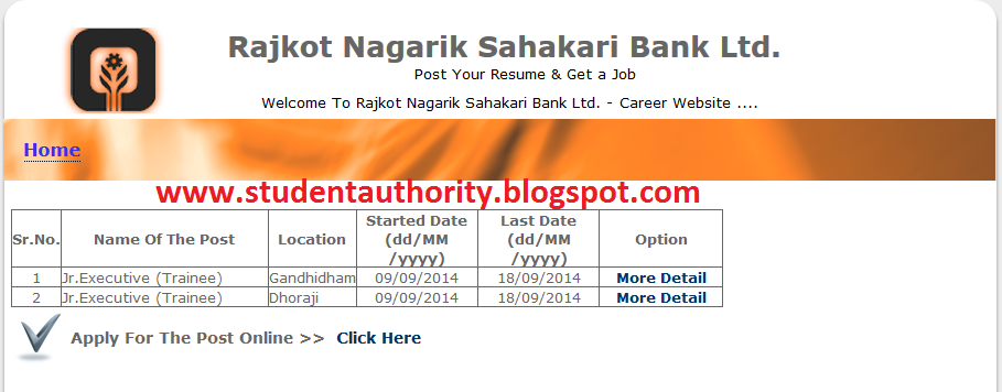 Rajkot Nagarik Sahakari Bank Jr. Executive Trainee post
