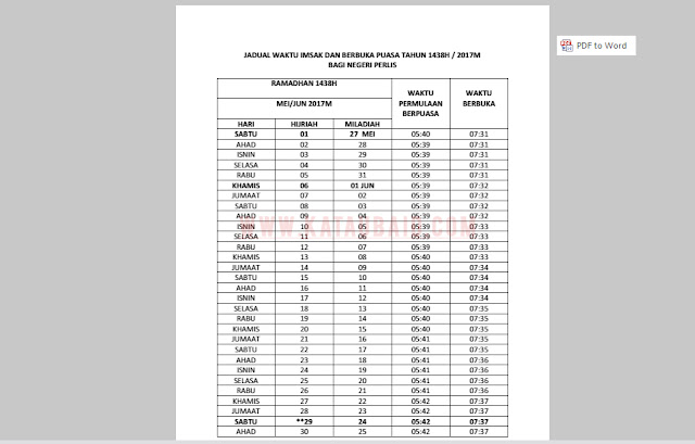 TAKWIM WAKTU BUKA PUASA NEGERI PERLIS 2017/ 1438H