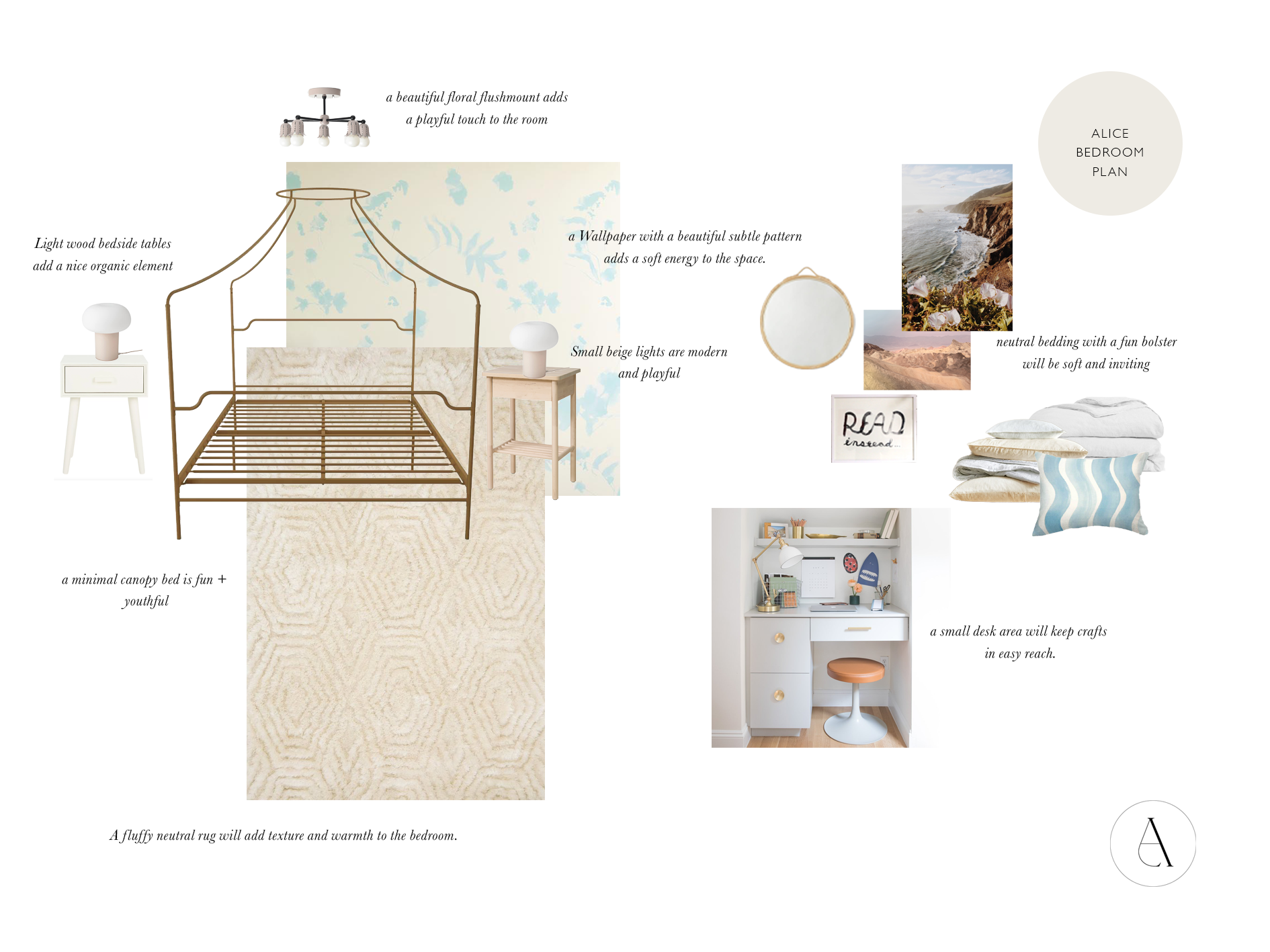 Girls bedroom design plan with a canopy bed, area rug, cream and blue