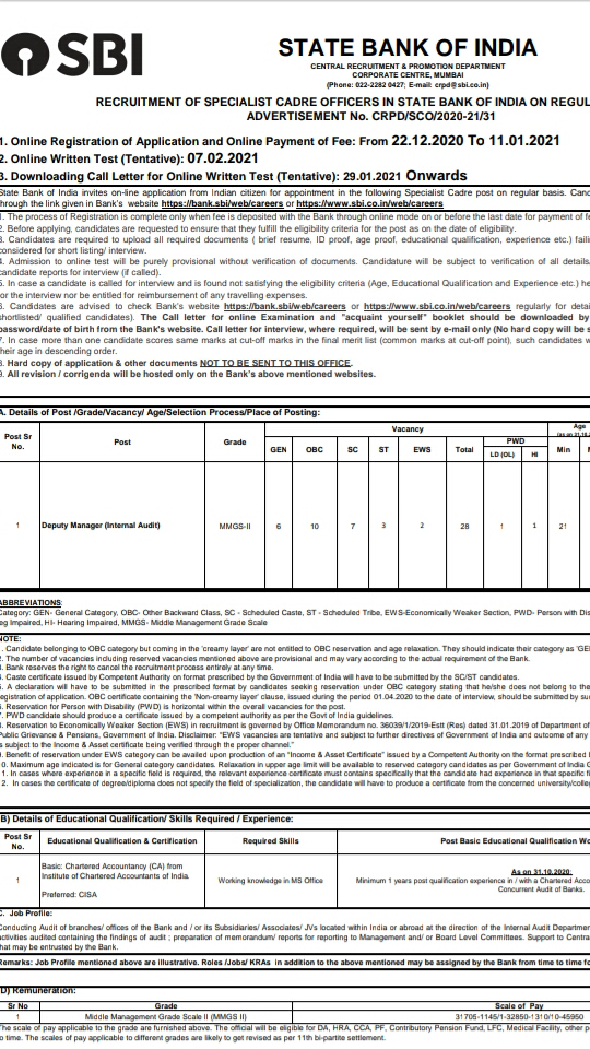 28 POST OF INTERNAL AUDITOR IS AVAILABLE FOR CA AT STATE BANK OF INDIA