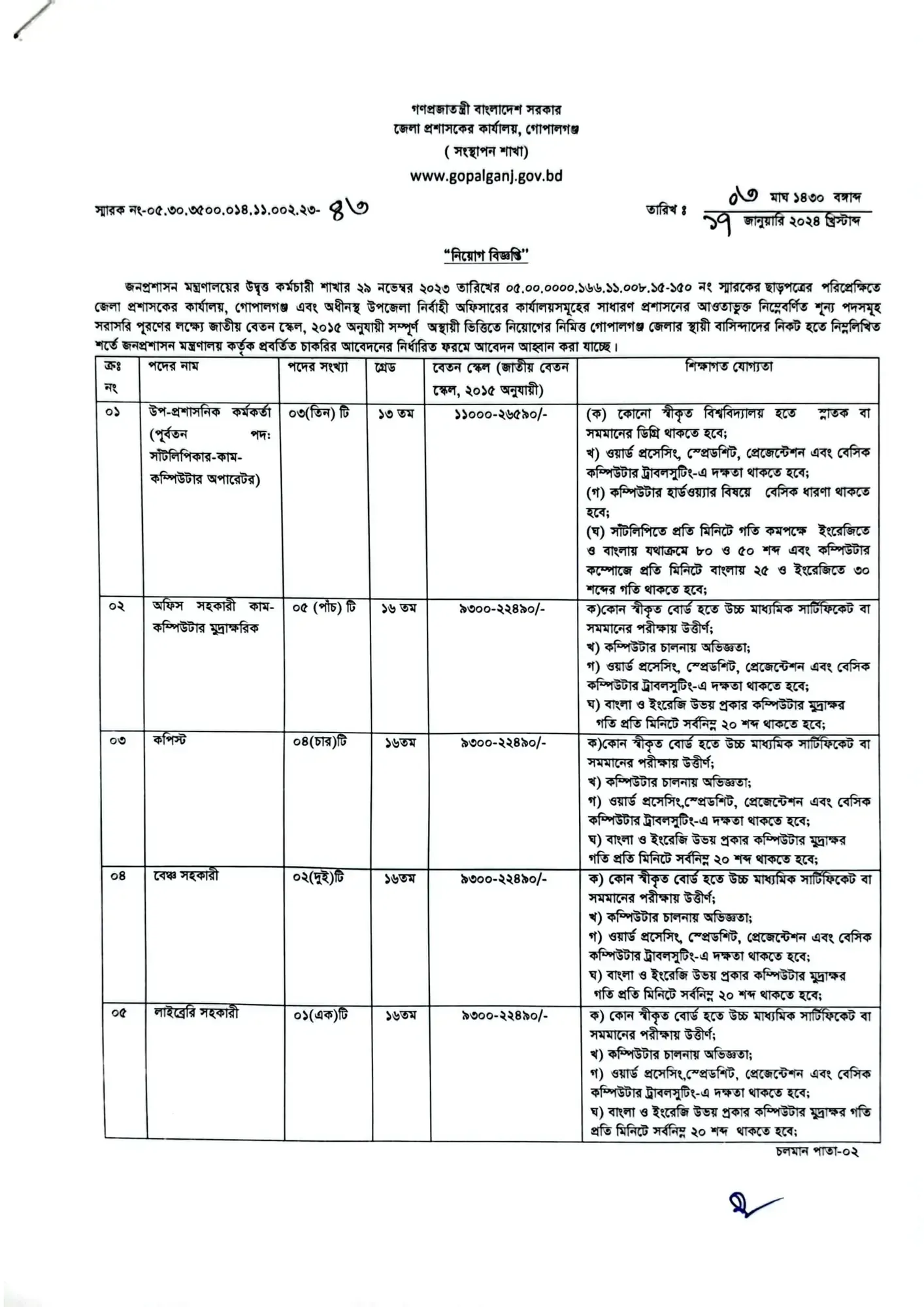 Gopalganj DC Office Job Circular 2024 pdf