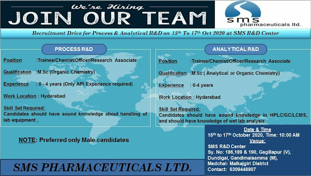 Job Availables, SMS Pharmaceuticals Interview For Fresher & Experienced MSc Organic/ Analytical Chemistry