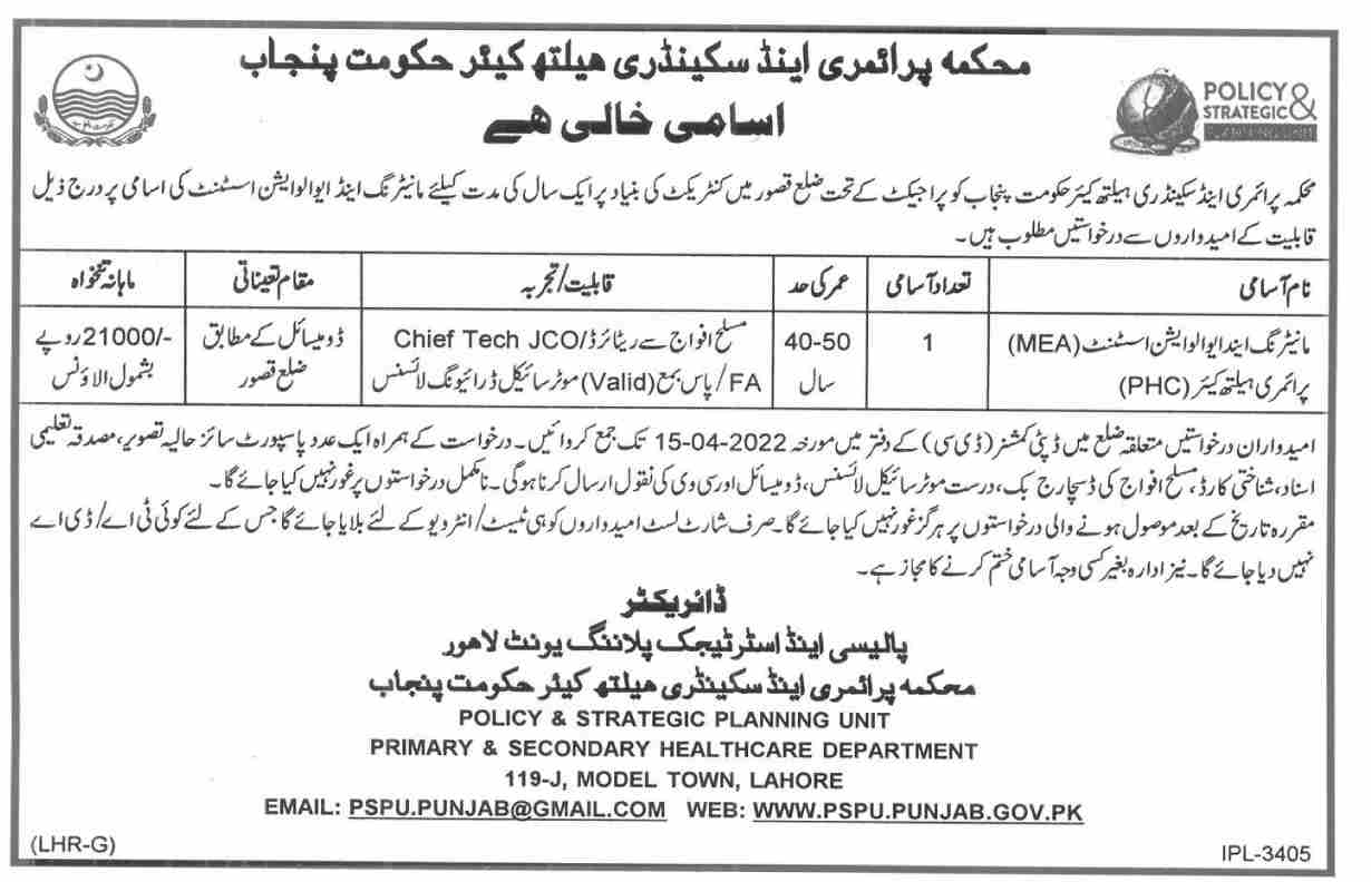 Latest Primary & Secondary Healthcare Department Management Posts Kasur 2022