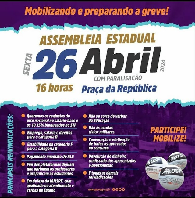 26/4 ás 16 h- Assembleia estadual dos professores