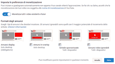 Imposta le preferenze di monetizzazione