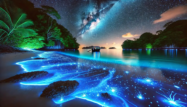 Visitor experiencing the glow of bioluminescent water in a bay at night