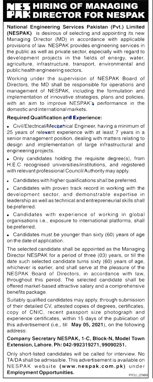 Latest New Jobs in National Engineering Services Pakistan NESPAK 2021 -Apply online
