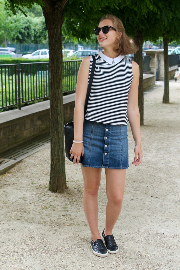 Zara striped collared shirt, jean mini skirt and leather slip on sneakers in Paris