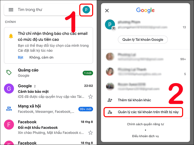 Quản lý tài khoản Google trên ứng dụng Gmail