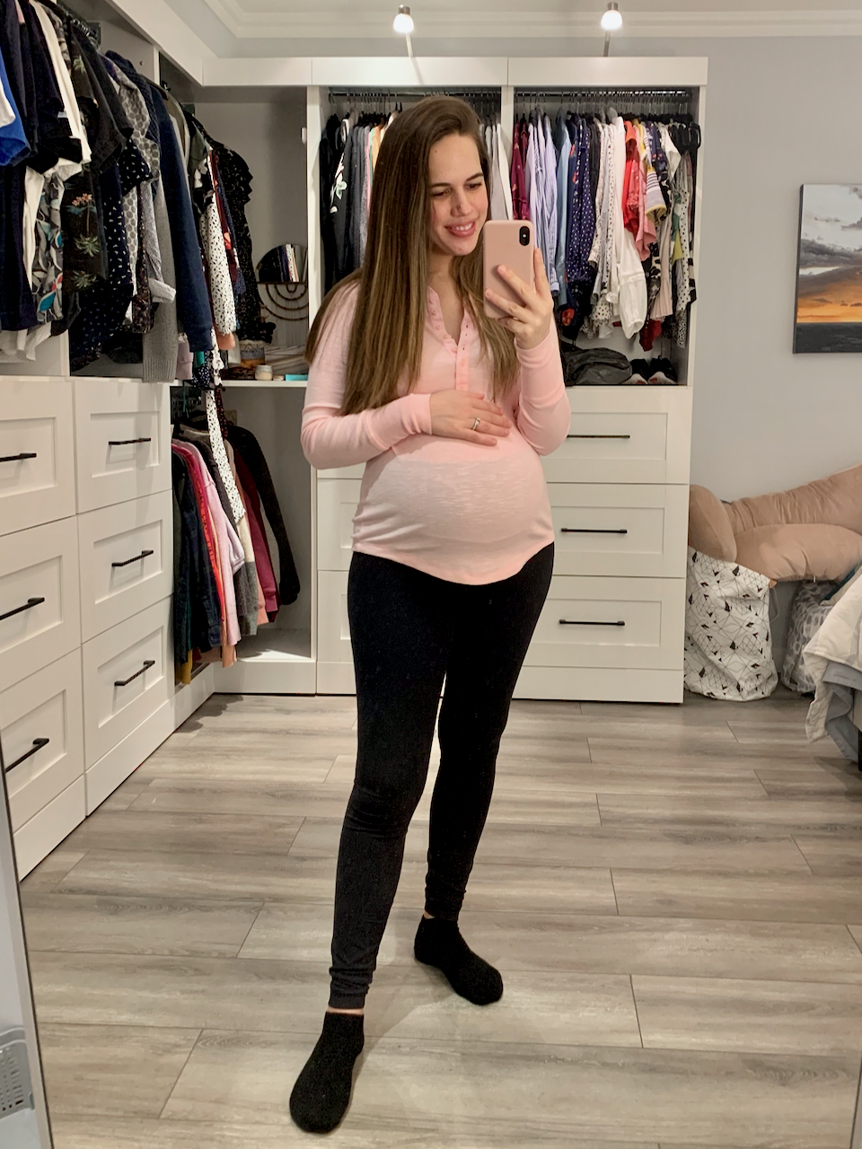 Jules in Flats - Pink Ribbed Henley with Leggings (Business Casual Workwear on a Budget)  WFH Outfit