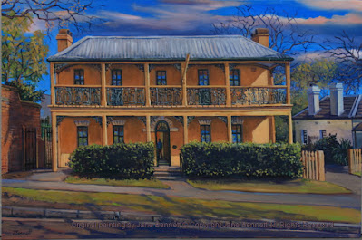 plein air oil painting of colonial heritage architecture,'Howe House' (formerly the Hawkesbury Museum) in Thompson's Square, Windsor, painted by artist Jane Bennett