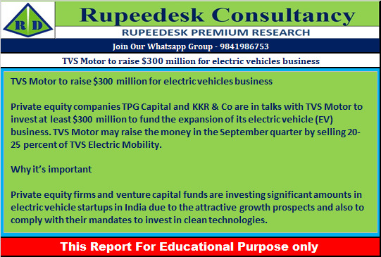 TVS Motor to raise $300 million for electric vehicles business - Rupeedesk Reports - 30.06.2022