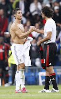 Cristiano Ronaldo shirtless at the Real Madrid/AC Milan match