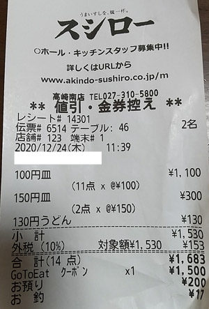 スシロー 高崎南店 2020/12/24 飲食のレシート
