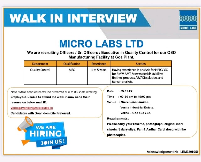 Micro Labs | Walk-in interview at Goa for QC on 3rd December 2022