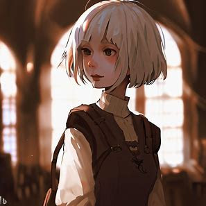 girl, white short hair, Medieval fantasy indoors, cel anime, concept art