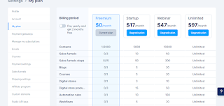 Systeme.io pricing comparison for 2025 showing Freemium, Startup, Webinar, and Unlimited plans