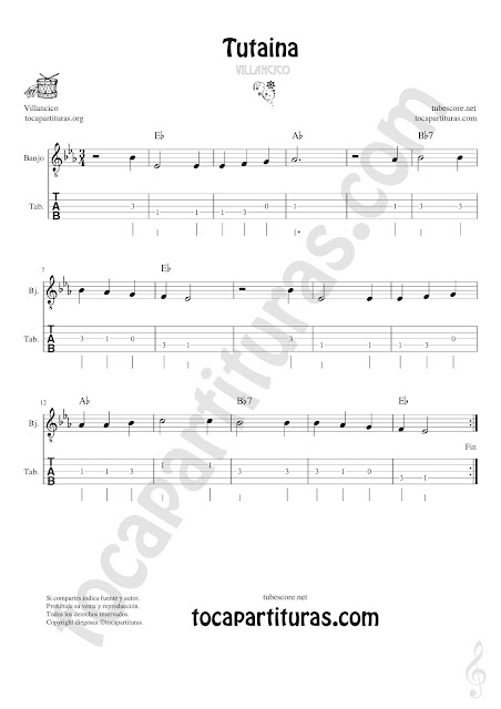  Banjo Tablatura y Partitura Original de Tutaina Villancico Punteo Tablature Sheet Music for Banjo Tabs Music Scores Original Tab