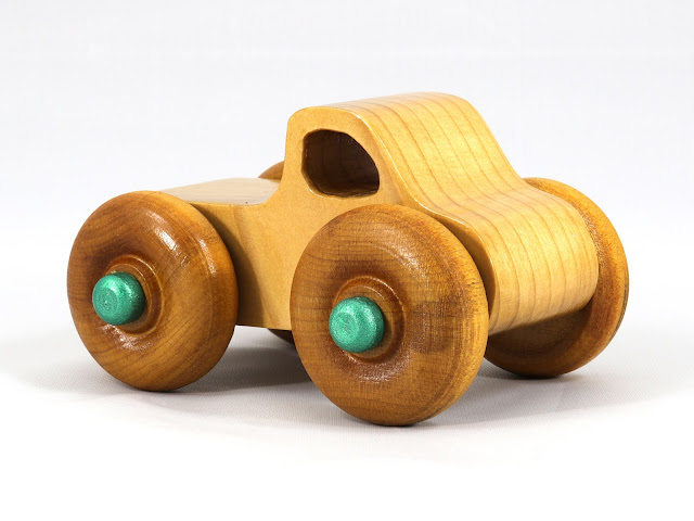 Wood Toy Monster Truck based on the Pickup in the Play Pal Series, Handmade & Finished with Amber Shellac & Metallic Green Acrylic Paint