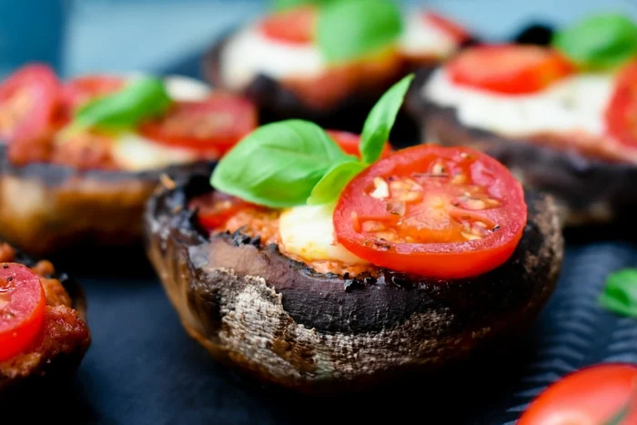 Close up of BBQ Pizza Stuffed Mushrooms