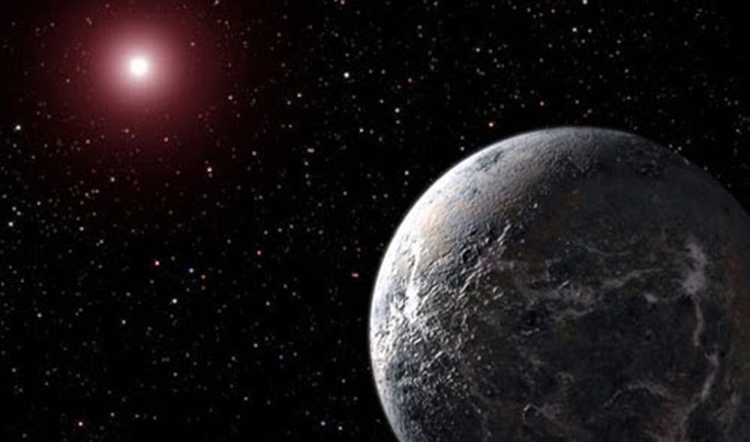 This artist's illustration shows an icy/rocky planet orbiting a dim star. Astronomers detected an extrasolar planet five times as massive as Earth circling a relatively cool red dwarf star. The distance between the planet, designated OGLE-2005-BLG-390Lb, and its host is about three times greater than that between the Earth and the Sun. The planet's large orbit and its dim parent star make its likely surface temperature a frigid minus 364 degrees Fahrenheit (minus 220 degrees Celsius).