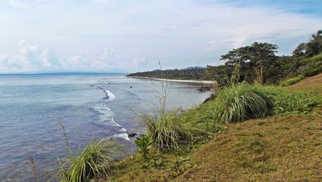 a white sand beach viewed from the ridge area of the capul lighthouse