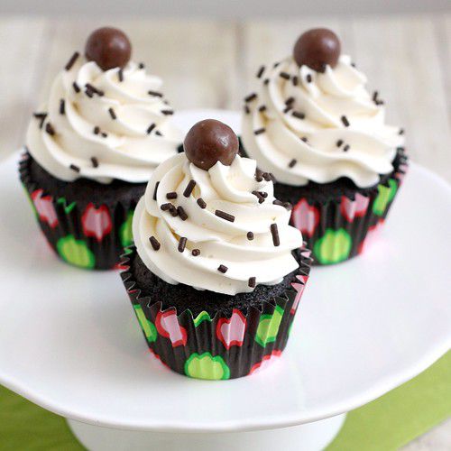 Chocolate Malted Cupcakes with Fluffy Vanilla Buttercream