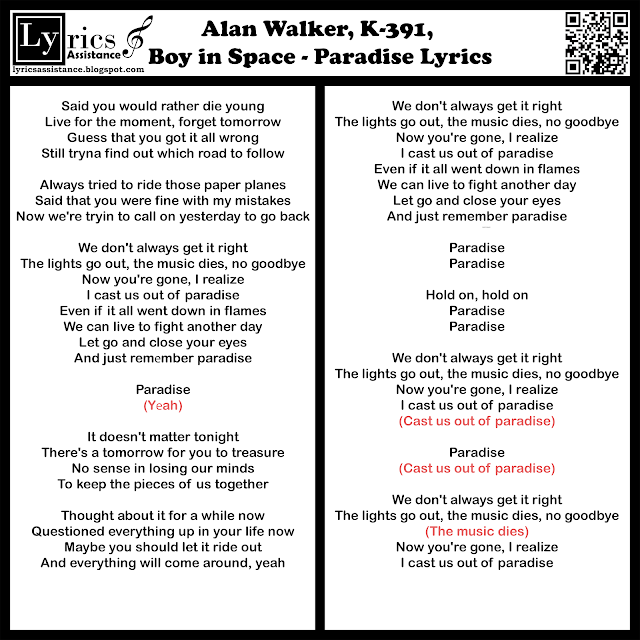 Alan Walker, K-391, Boy in Space - Paradise Lyrics | lyricsassistance.blogspot.com
