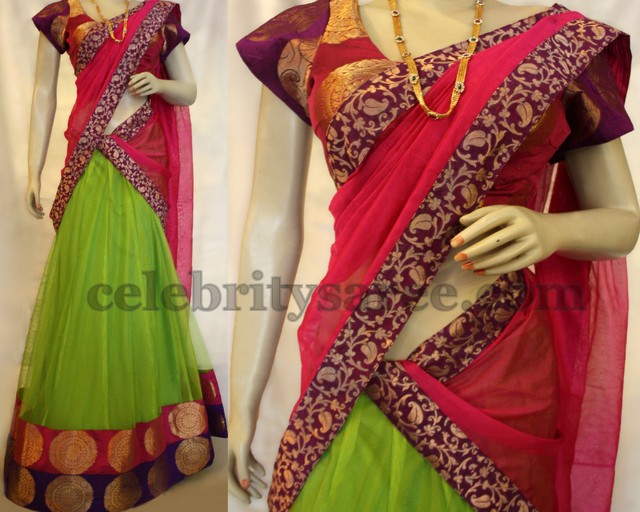 Pink and Green Net Half Saree