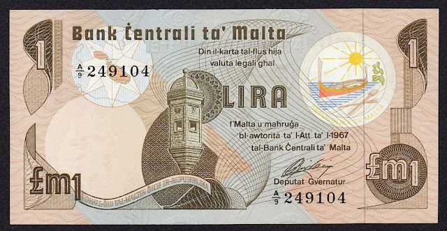 Malta Banknotes 1 Maltese Lira banknote 1979 Gardjola Watch Tower in Senglea, Malta.