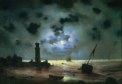 Sea coast at night. Near the beacon (1837) painting Ivan Aivazovsky