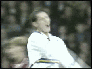 Leeds Uniteds Whelan responds accordingly, after missing a chance vs Manchester City in 1994