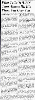 Pilot Tells of UFO That Almost Hit His Plane Far Over Sea - The New Mexican 3-11-1957
