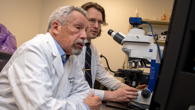 Dr. Dan Perl, professor of Pathology at USU, and Dr. David Priemer, assistant professor of Pathology at USU, led a new study that suggests chronic traumatic encephalopathy, or CTE, is uncommon in service members. (photo by MC3 Brooks Smith)