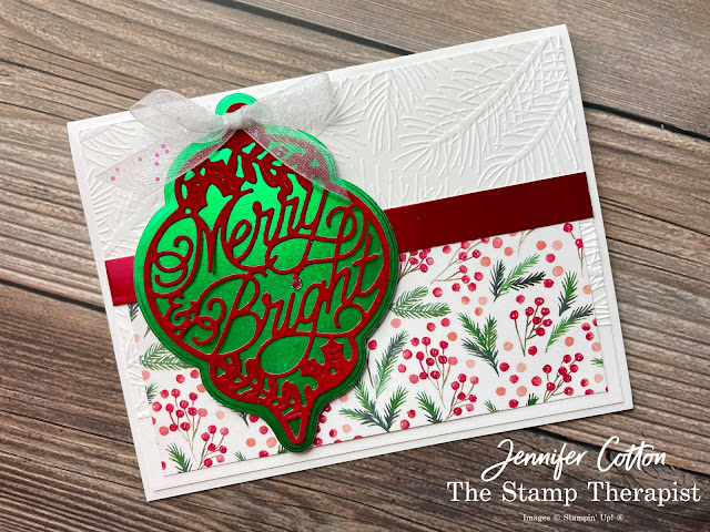 Stampin' Up! Bright Baubles Bundle card.  I also used these papers: Red Velvet Paper Pack, Painted Christmas DSP, and Red & Green Foil.  Embossing folder is Wintry.  Ribbon is White Glittered Organdy.  #StampinUp #StampTherapist #BrightBaubles