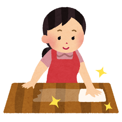 机を拭いている女性のイラスト（掃除）
