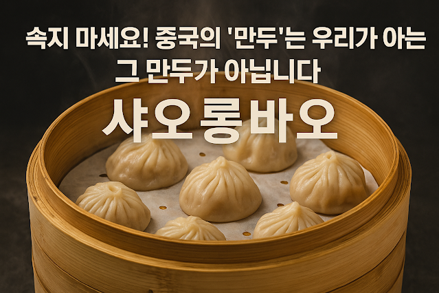 샤오롱바오를 담은 대나무 찜기에 김이 모락모락 피어오르는 모습, '중국의 만두는 우리가 아는 만두가 아닙니다'라는 문구와 함께