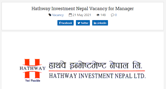 Hathway Investment Nepal, Kathmandu Job Vacancy for Manager