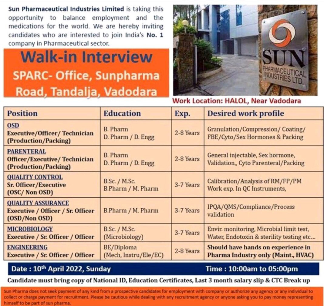 Job Availables,Sun Pharmaceutical Industries Limited Walk-In-Interview For B.Pharm/ D.Pharm/ BSc/ MSc/ BE/ Diploma In Mechanical/ Electrical/ Instrumentation/ EC
