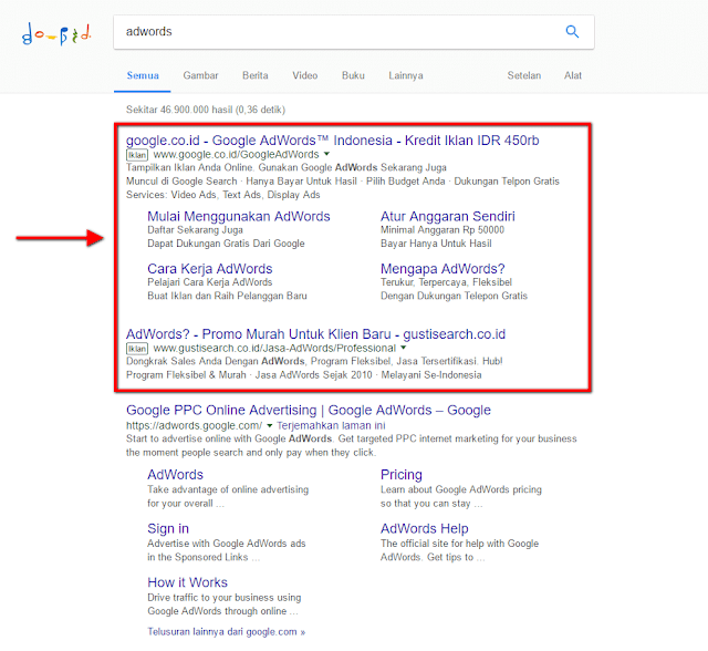 hasil pencarian adwords di Google
