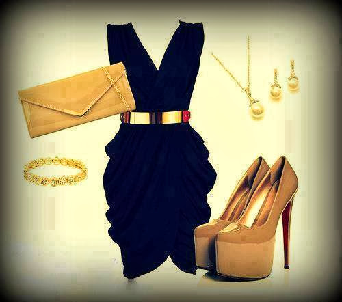 Black dress, golden handbag and golden high heel sandals