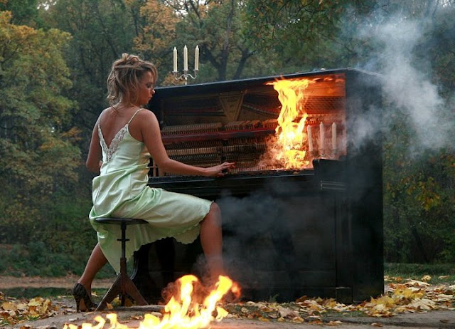 Burning passion, piano on fire