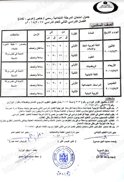 محافظة بنى سويف: جدول امتحانات الشهادة الاعداديه والابتدائيه 2018 الترم الاول