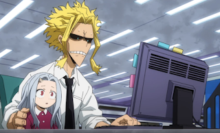 All Might sitting at his desk, watching his computer screen with a grimace on his face. Little Eri is sitting on his knee and also looking concerned.