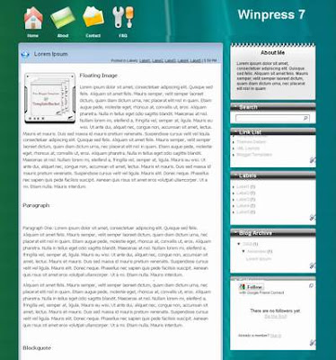 Winpress 7 Blogger Template 2 Columns, Fixed Width, White, Blue, Web 2.0, Wordpress Adaptation