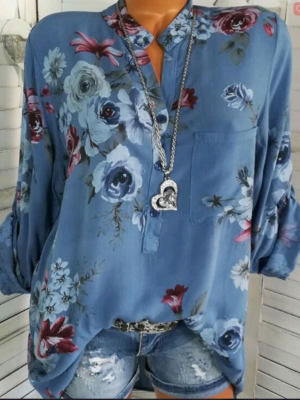 Autumn Spring Summer Cotton V-Neck Button Floral Printed Blouses