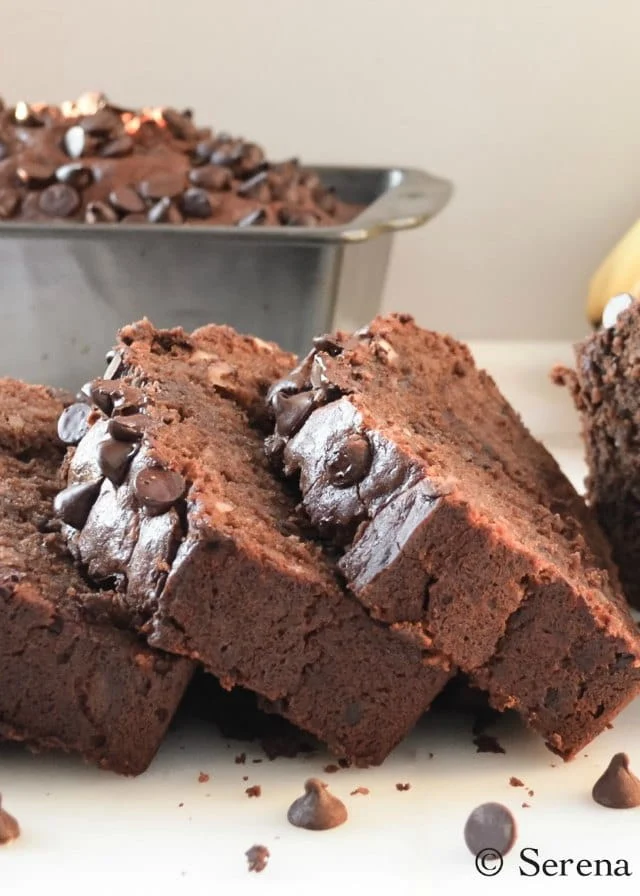 Double Chocolate Banana Bread recipe is moist and chocolaty with plenty of chocolate chips from Serena Bakes Simply From Scratch.