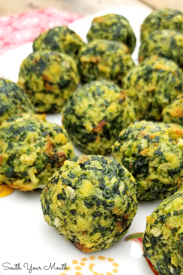 Spinach Balls! An easy, crowd-pleasing appetizer recipe using spinach, parmesan cheese and herb stuffing.