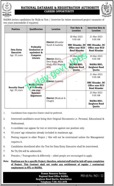 Quetta, NADRA Regional Head Office Jobs 2023 Ad