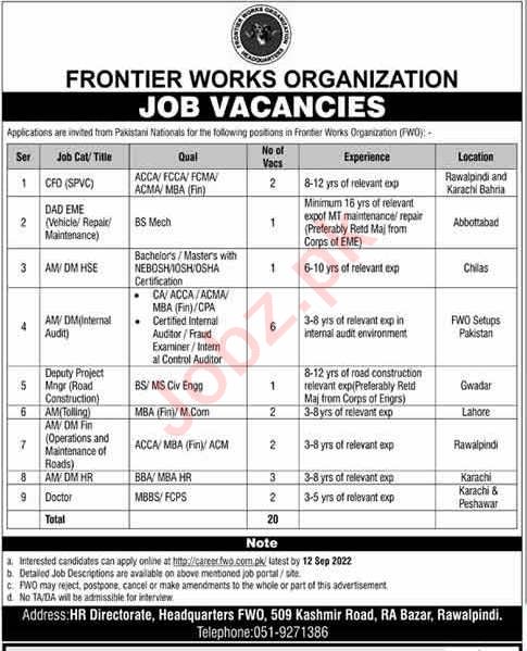Latest Frontier Works Organization FWO Management Posts Rawalpindi 2022